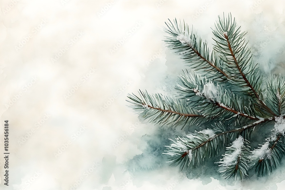 Watercolor painting of a snow-covered pine branch on a light background Watercolor painting of a snow-covered pine branch on a light background