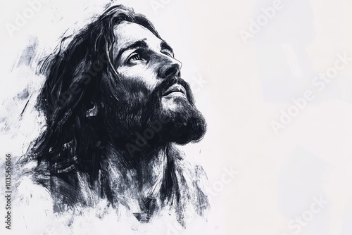 Sketch of Jesus Christ on white background with copy space, Generative AI