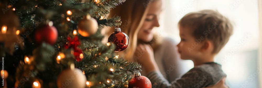 Hand putting on decoration ornament on Christmas tree. Hand putting on decoration ornament on Christmas tree.