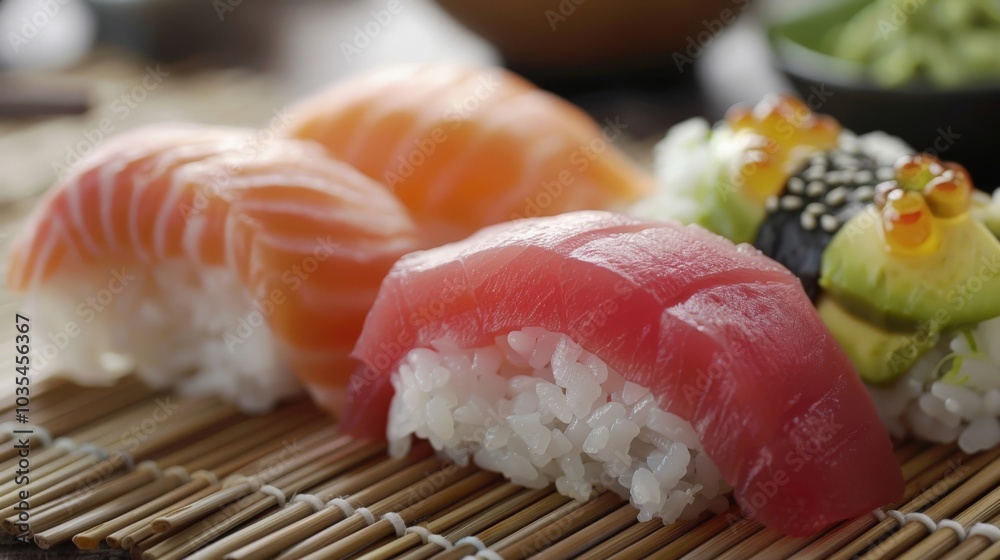 Traditional sushi platter with salmon, tuna, and wasabi on a bamboo mat Traditional sushi platter with salmon, tuna, and wasabi on a bamboo mat