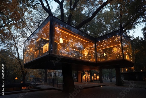 An extraordinary treehouse enveloped by forest, adorned with celestial lighting and intricate architectural design, projecting a magical and dreamy atmosphere. photo