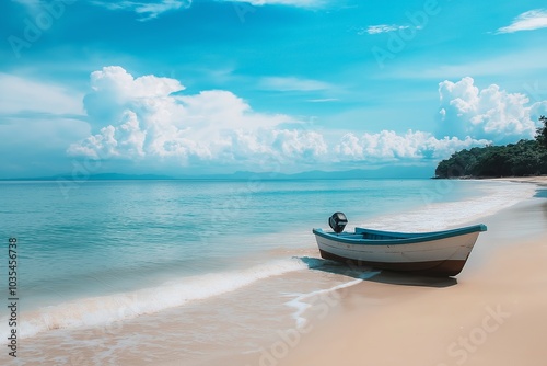 A serene beach scene with a boat on the sand and bright blue sky, showcasing tranquility and solitude.