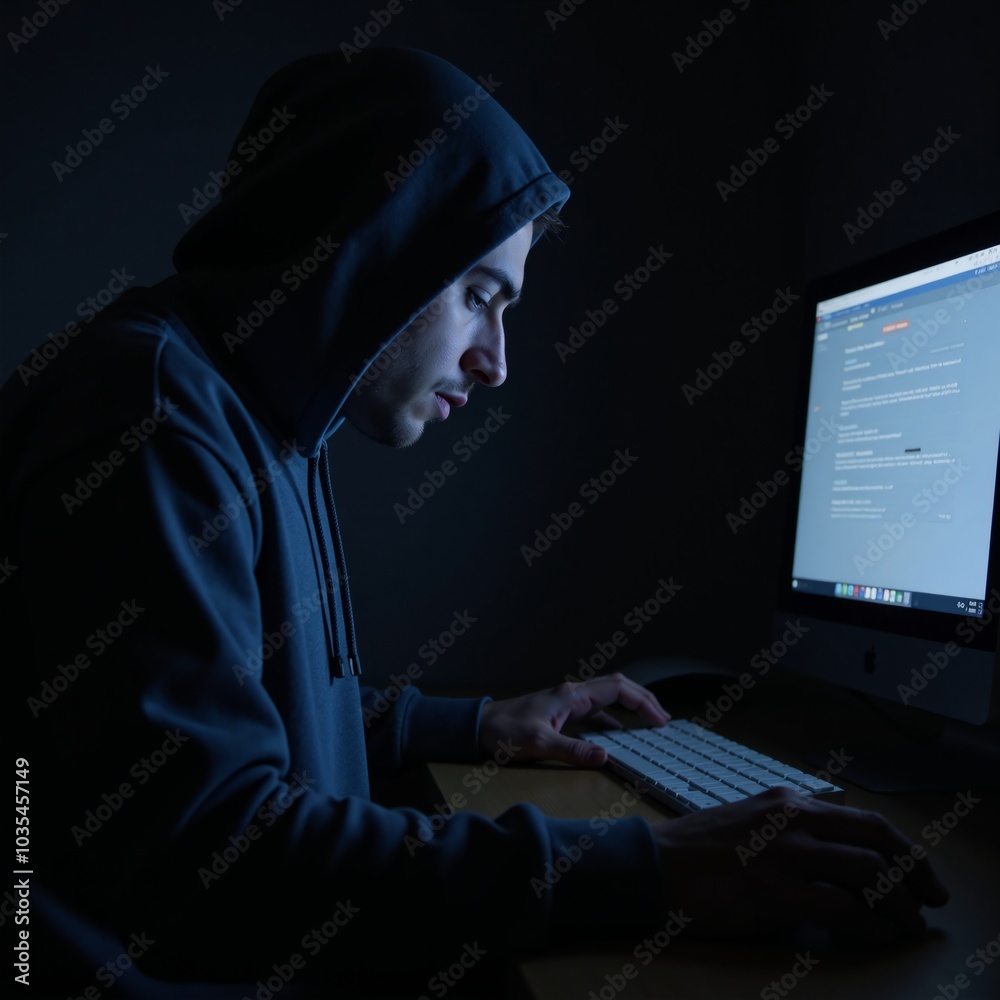 An anonymous figure in a hoodie uses a computer within a dimly lit room evoking a sense of cybercrime intrigue