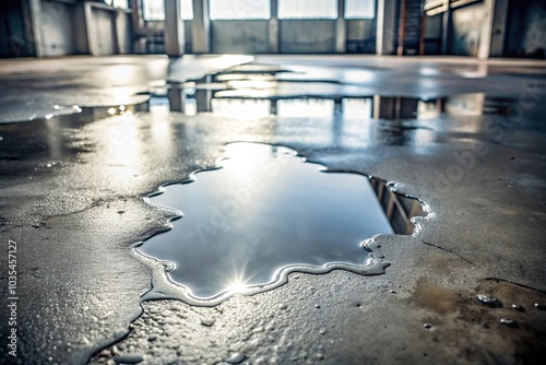 A puddle of silver liquid forms on a cold concrete floor as it slowly starts to seep through the surface, puddle formation, fluid seepage, metallic finish