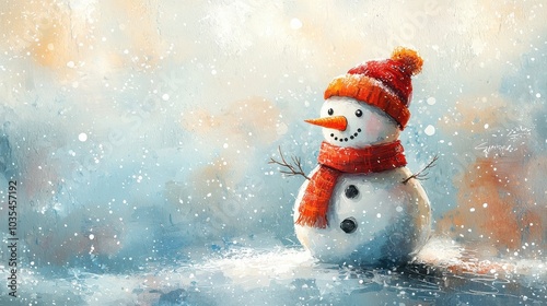 Snowman with a carrot nose and scarf flat design side view winter wonderland theme water color Split-complementary color scheme ,clean background