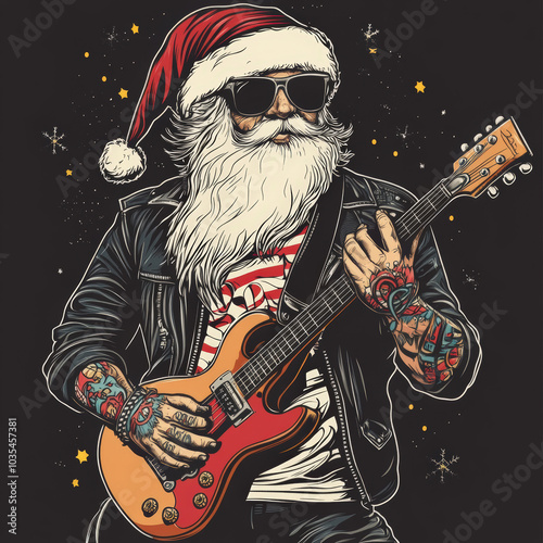 Cool Santa with Tattoos and Guitar in Rock Style