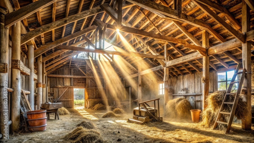 Fototapeta premium Golden rays of sunlight stream through the cracks in the weathered wooden roof of a rustic barn, illuminating the hay bales and dust motes dancing in the air.