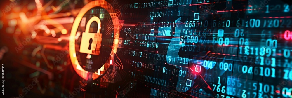 Glowing padlock icon amidst digital data streams, symbolizing cybersecurity in the modern digital landscape. Vibrant orange and blue hues create a striking contrast.