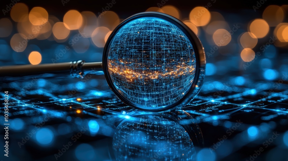 Insightful Automation, magnifying glass zooming into data points, insights that fuel automation decisions, optimizations in business Insightful Automation, magnifying glass zooming into data points, insights that fuel automation decisions, optimizations in business