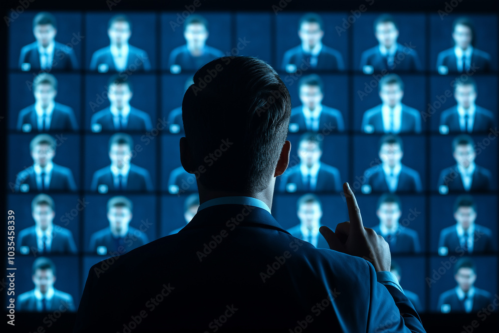 Man Looking at Multiple Screens With Faces Man Looking at Multiple Screens With Faces