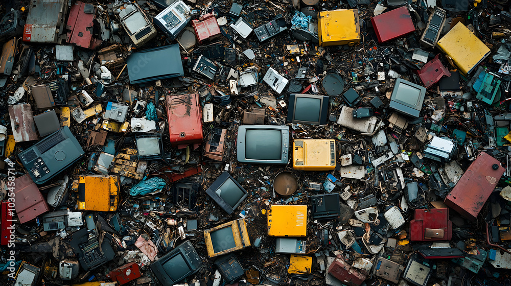 Landfill Overflowing with Discarded Electronics and E-Waste in a Desolate Environment Landfill Overflowing with Discarded Electronics and E-Waste in a Desolate Environment