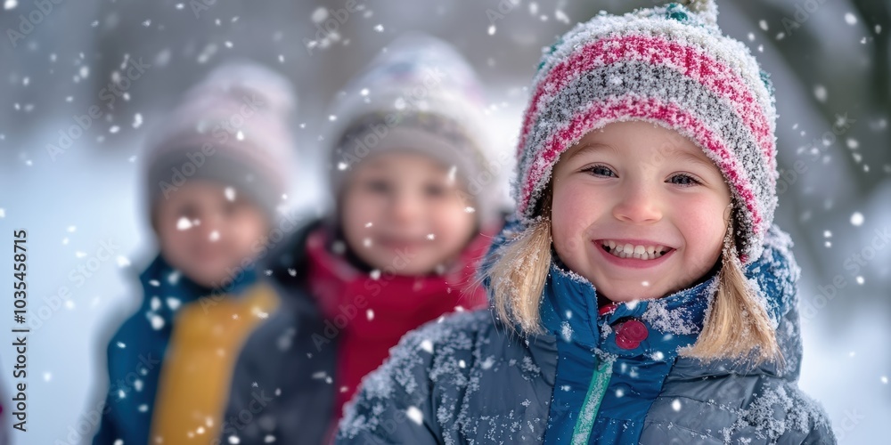 Smiling girl in winter coat, snowing. Smiling girl in winter coat, snowing.
