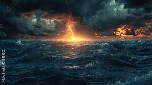 Thunderstorm showcases an abstract power. Lightning and rain fill the dark, stormy sky.