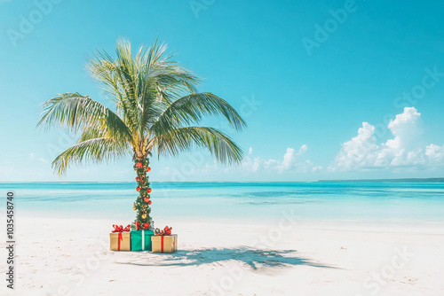 Fototapeta Naklejka Na Ścianę i Meble -  gift boxes on the beach under a palm tree. 