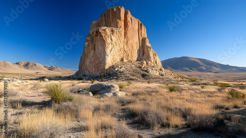 Majestic Large Rock Formation Towering Over Expansive Desert Landscape Under Clear Blue Sky