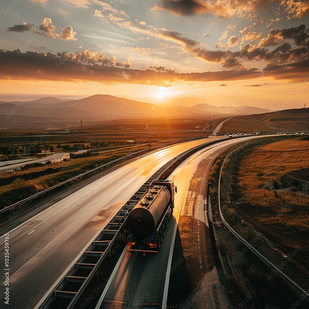 A tanker truck crossing a wet highway at golden hour A tanker truck crossing a wet highway at golden hour
