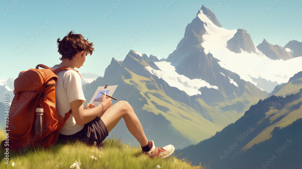 Naklejka premium Young artist sketching mountains in a serene landscape
