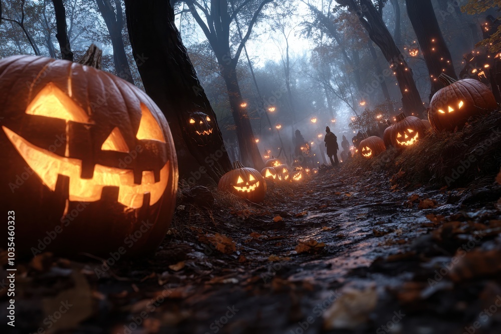 A shadowy forest trail is lined with rows of radiant jack-o'-lanterns, casting an eerie glow and capturing the essence of a spooky Halloween night. A shadowy forest trail is lined with rows of radiant jack-o'-lanterns, casting an eerie glow and capturing the essence of a spooky Halloween night.