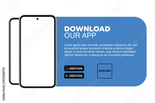 Download our app advertising banner. App for mobile phones. Phone mockup template