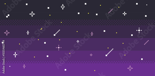 Pixel art dark sky background. Night sky texture. Sparkling stars. Arcade retro 8 bit style. Black, purple gradient. Game abstract pixel pattern. Mood of 90's aesthetics. Simple geometric shape