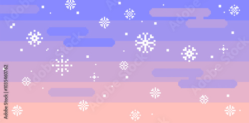 8 bit style winter landscape. Abstract winter sky background in pixel art. Snowflake. Christmas, Xmas, New Year trendy pixel design. Falling snow. Vector light violet, pink gradient horizontal pattern