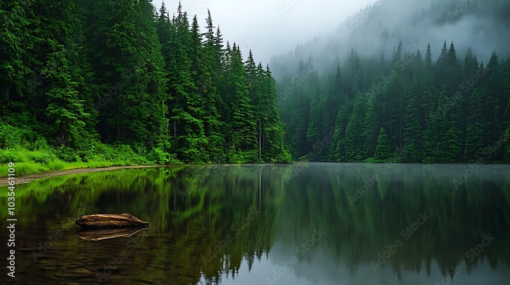 Tranquil Forest Lake with Misty Atmosphere and Reflection Tranquil Forest Lake with Misty Atmosphere and Reflection