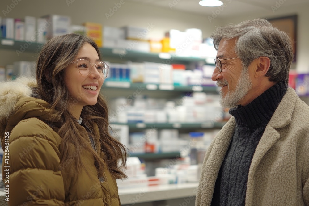 Fototapeta premium Female patient talking to a pharmacist over the counter, Generative AI