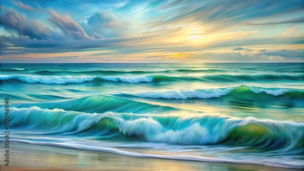 Serene Ocean Waves Crashing Against Sandy Shores, Captured in a Painting With A Gentle Sunset Serene Ocean Waves Crashing Against Sandy Shores, Captured in a Painting With A Gentle Sunset