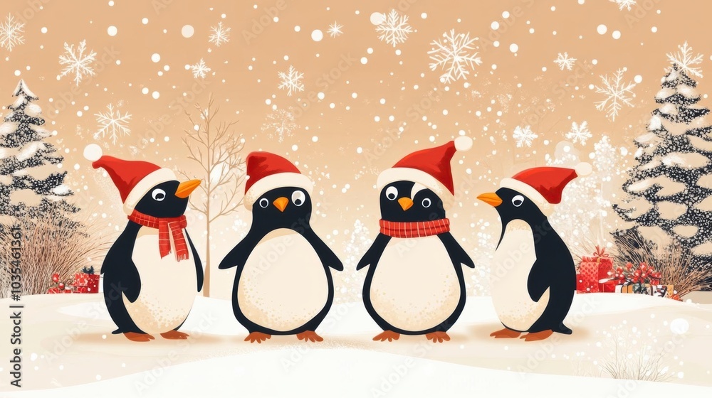 Four festive penguins with hats in a winter wonderland. Four festive penguins with hats in a winter wonderland.