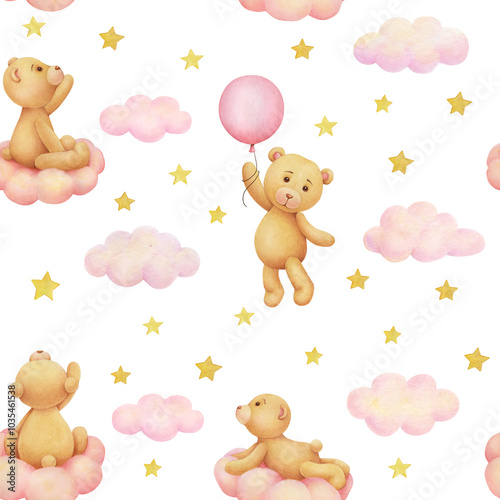 Cute cartoon teddy bears with air balloon, clouds, rainbow; watercolor hand drawn illustration; seamless pattern