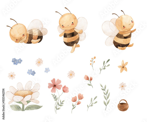Watercolor bee, flowers illustration for kids