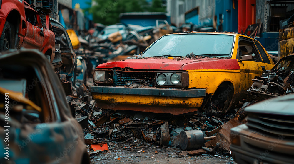 Pile of Scrap Metal and Broken Car Parts in an Industrial Setting Pile of Scrap Metal and Broken Car Parts in an Industrial Setting