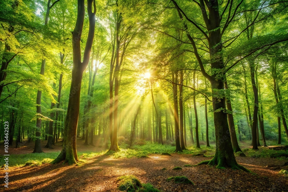 Fototapeta premium A tranquil forest with sunlit dappled light filtering through the leaves, peaceful, shaded, woodland