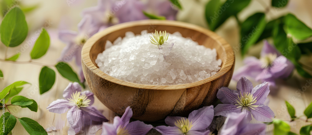 A wooden bowl filled with sea salt, adorned with clematis flowers, set against a background. Spa and wellness concept. A wooden bowl filled with sea salt, adorned with clematis flowers, set against a background. Spa and wellness concept.