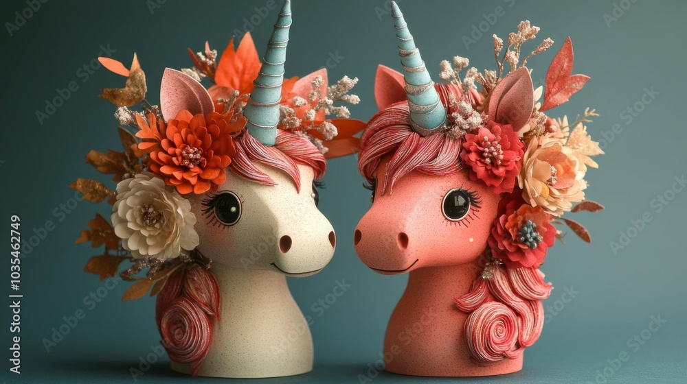 Fototapeta premium Whimsical unicorn figurines with floral arrangements.