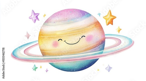 A cheerful cartoon planet with a smile, surrounded by colorful stars, perfect for children's illustrations and joyful designs.