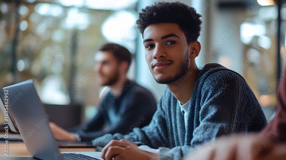 Young Man with Afro Hairstyle Working on Laptop in Office Setting