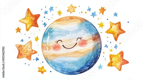 A cheerful watercolor illustration of a smiling planet surrounded by bright stars, perfect for children's decor or educational materials.