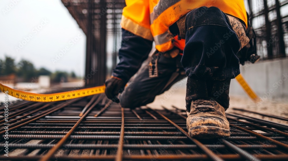 A construction worker inspecting steel reinforcement bars at a construction site, with measuring tape and safety gear visible, looking at the camera A construction worker inspecting steel reinforcement bars at a construction site, with measuring tape and safety gear visible, looking at the camera