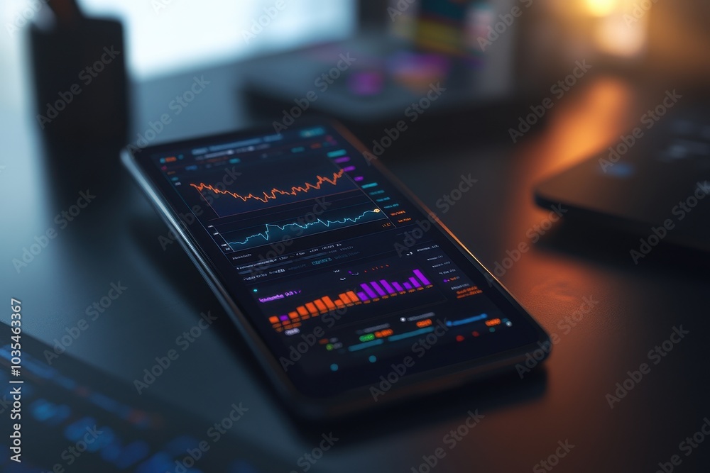 Detailed close-up of smartphone displaying stock market trading app Detailed close-up of smartphone displaying stock market trading app