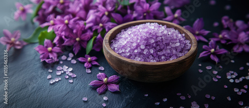 A wooden bowl filled with sea salt, adorned with clematis flowers, set against a background. Spa and wellness concept.