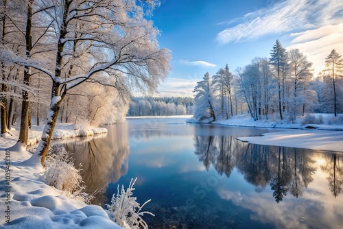 A serene snow-covered forest with bare trees and a frozen lake in the distance, cold weather, frosty mountains, snowforest photo