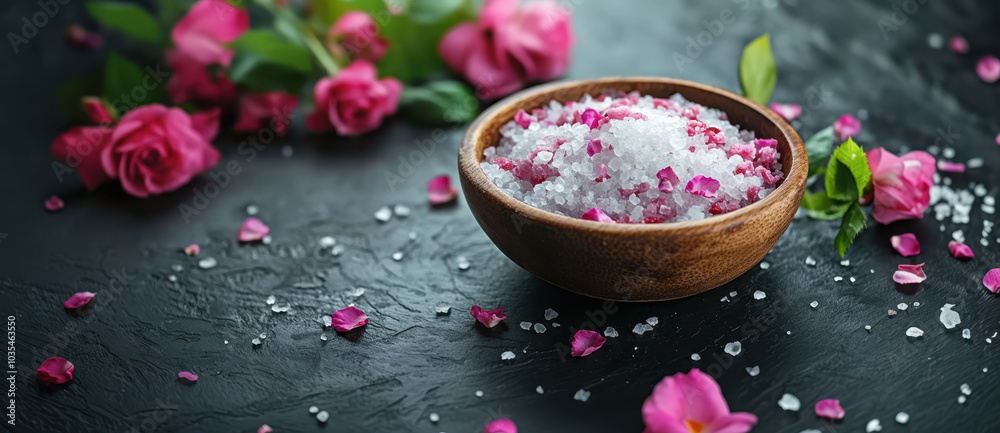 A wooden bowl filled with sea salt, adorned with rose flowers, set against a background. Spa and wellness concept. A wooden bowl filled with sea salt, adorned with rose flowers, set against a background. Spa and wellness concept.