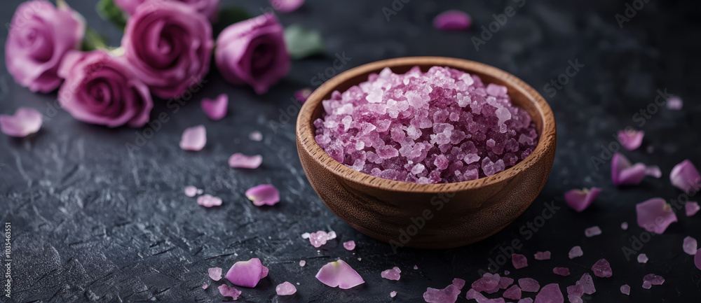 A wooden bowl filled with sea salt, adorned with rose flowers, set against a background. Spa and wellness concept. A wooden bowl filled with sea salt, adorned with rose flowers, set against a background. Spa and wellness concept.