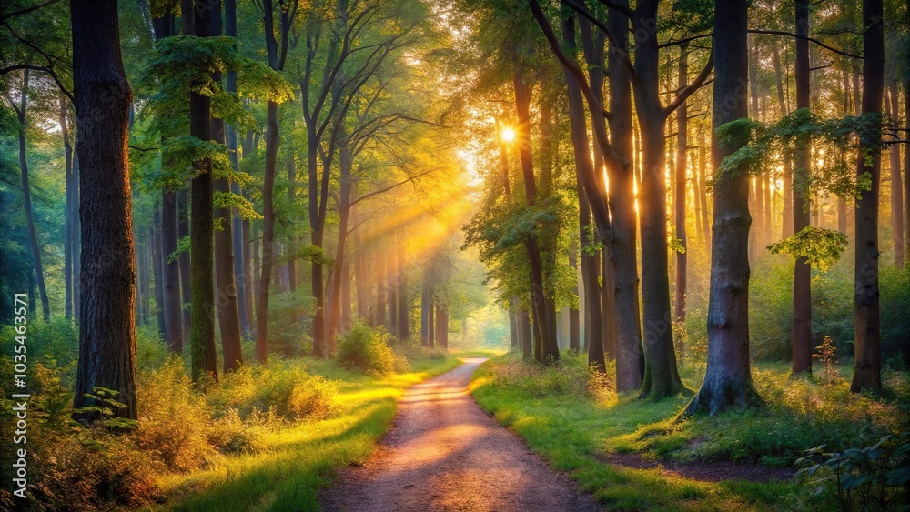 Fototapeta premium A serene and peaceful forest landscape at dusk with tall trees, a winding path, and a soft golden light filtering through the leaves, nature, trees