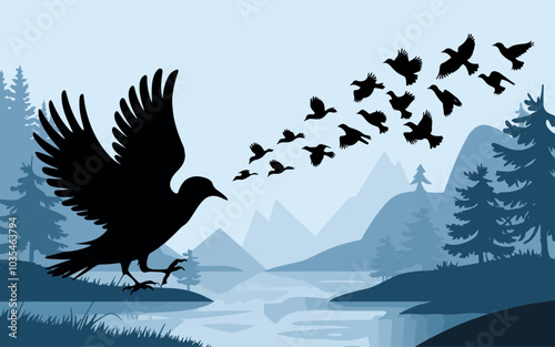 Birds on a branch, Silhouette of a large bird taking flight