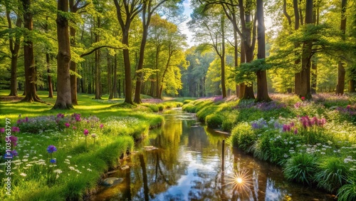 A peaceful forest glade with tall trees, a babbling brook, and a few wildflowers in full bloom, natural beauty, outdoor adventure