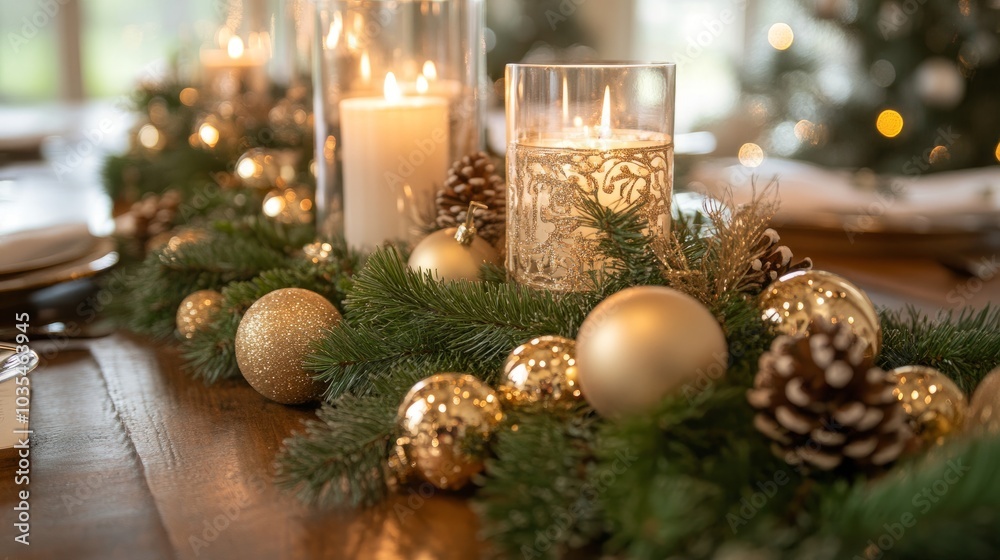 Beautiful evergreen branches, glowing candles, and gold ornaments form a perfect holiday table, bathed in soft light. Beautiful evergreen branches, glowing candles, and gold ornaments form a perfect holiday table, bathed in soft light.
