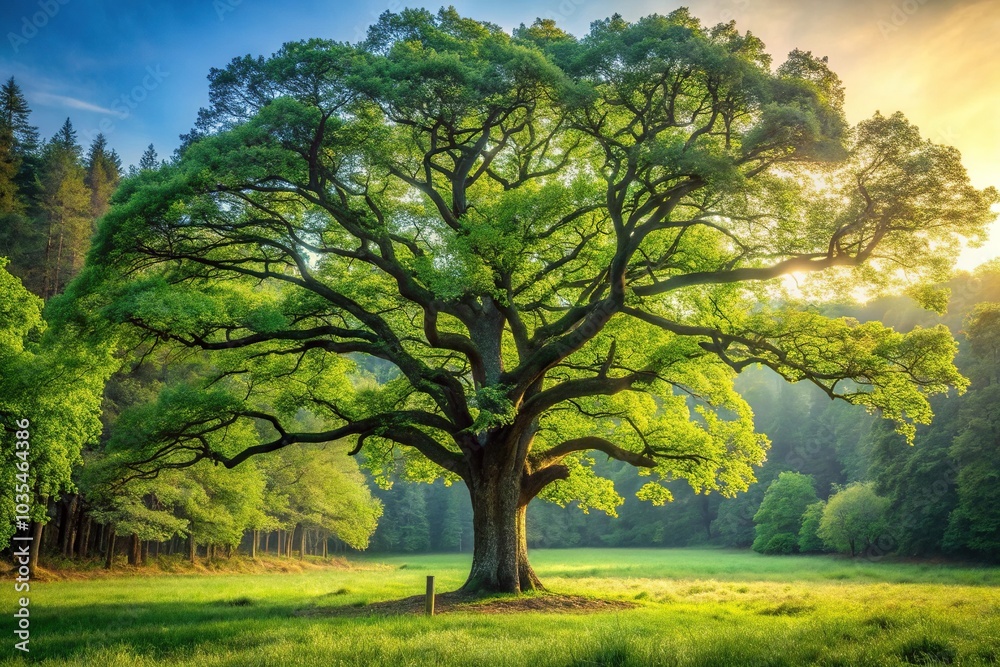 A majestic oak tree stands alone in a serene forest clearing surrounded by tall trees and lush greenery, leaves, branches, foliage A majestic oak tree stands alone in a serene forest clearing surrounded by tall trees and lush greenery, leaves, branches, foliage
