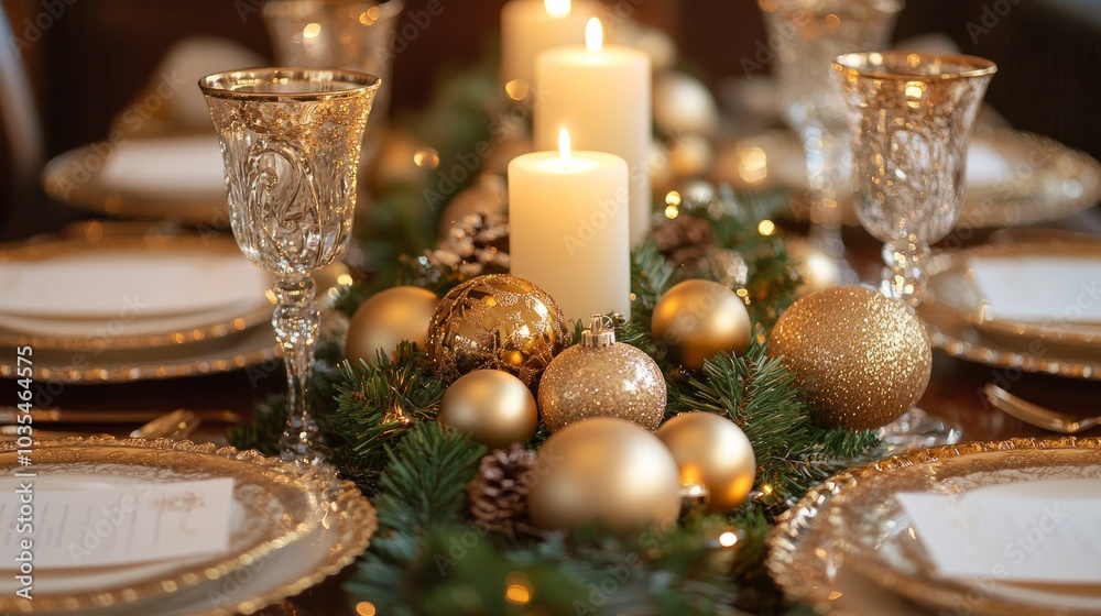 Elegant candles glow beside golden ornaments and evergreens, creating a festive, magical holiday table. Elegant candles glow beside golden ornaments and evergreens, creating a festive, magical holiday table.